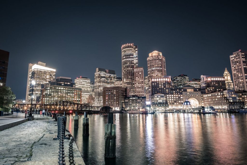 Image of Boston waterfront at night